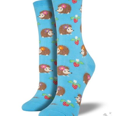 Womens Socksmith Hedgehogs design socks on bright turquoise blue background, One Size, Hedgehog lover gift / stocking filler