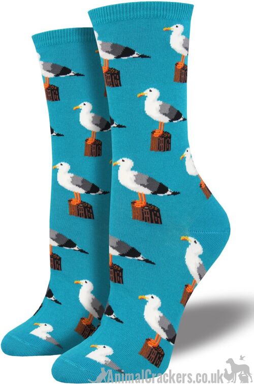 Womens Socksmith 'Gull-able'  Seagull design nautical themed socks in choice of colours, One Size Seagull lover gift - Turquoise Blue