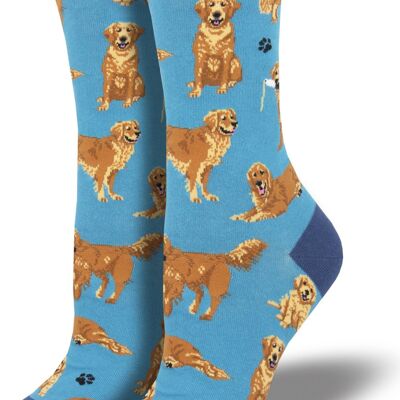 Chaussettes de qualité Socksmith pour femme avec image Golden Retrievers, taille unique, cadeau amoureux des chiens Retriever - Bleu