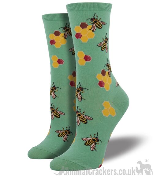 Womens quality socks from Socksmith, quirky Busy Bee design in seafoam colour, One Size, Bee lover Beekeeper stocking filler