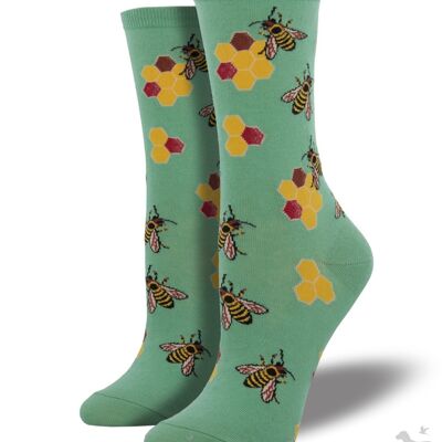 Chaussettes de qualité pour femmes de Socksmith, design original Busy Bee en couleur écume de mer, taille unique, remplisseur de bas d'apiculteur amateur d'abeilles