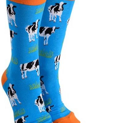 Novelty Friesian Cow design socks from 'Sock Society' Men or Women, One Size, great cow lover gift stocking filler - Blue