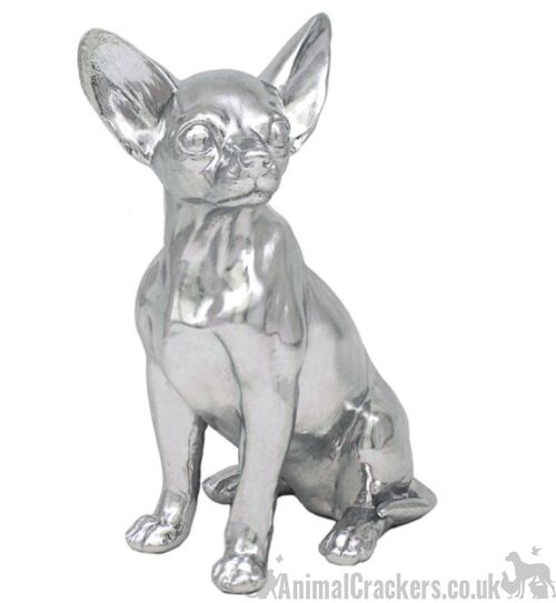 Lesser & Pavey 'Silver Art' heavy resin silver effect sitting Chihuahua figurine ornament, Dog lover gift