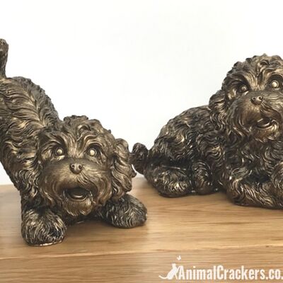 SET OF TWO extremely cute bronze effect Cockapoo ornament figurines, one laying, one playing, lovely Doodle Dog lover gift