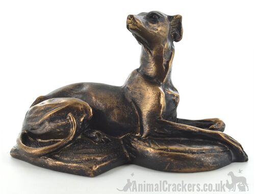 Bronze effect Laying Whippet sculpture designed by Harriet Glen, quality dog lover figurine