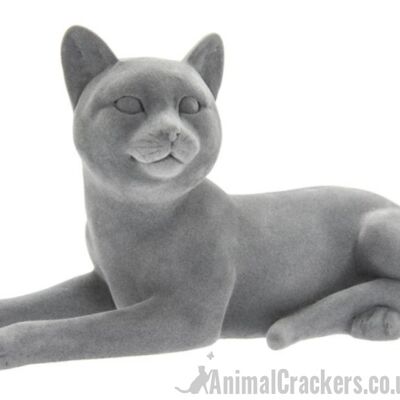 Grey velvet effect laying Cat figurine ornament, great Cat lover gift
