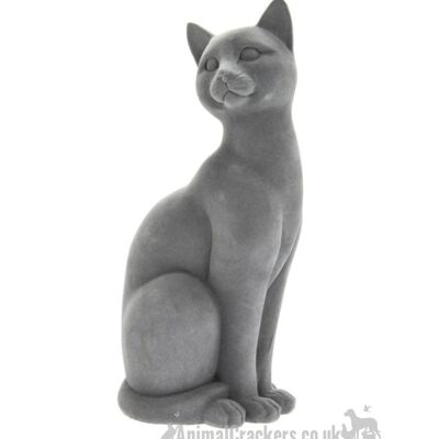 Grey velvet effect sitting Cat figurine ornament, great Cat lover gift