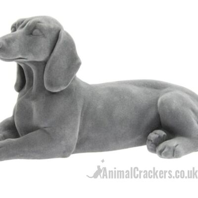 Grey velvet effect laying Dachshund figurine ornament, Sausage Dog lover gift