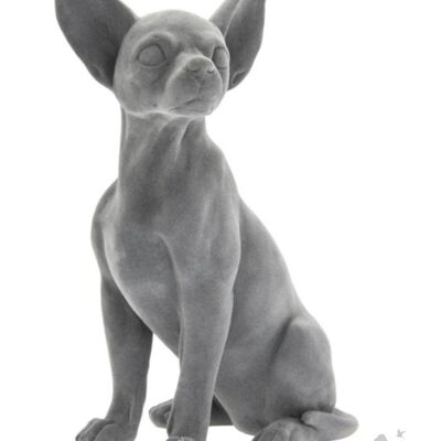 Adorno de estatuilla de Chihuahua sentado efecto terciopelo gris, regalo amante de Chihuahua