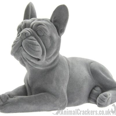 Grey velvet effect laying French Bulldog figurine ornament, Frenchie lover gift