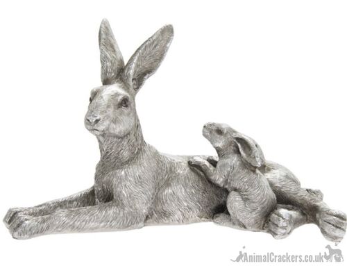 Leonardo Silver effect laying Mother & Baby Hare ornament, in Leonardo's classic Silver gift box, making this a great hare lover gift
