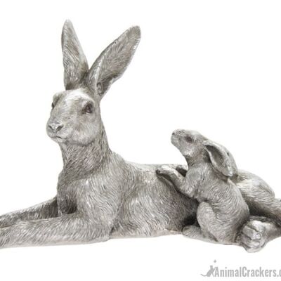 Leonardo Silver effect laying Mother & Baby Hare ornament, in Leonardo's classic Silver gift box, making this a great hare lover gift