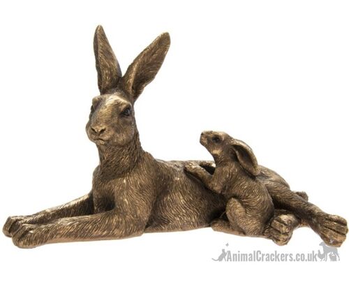 Leonardo Bronzed Reflections laying Mother & Baby Hare ornament figurine, gold gift box