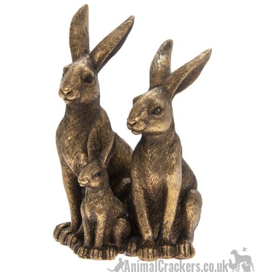 Leonardo Bronzed Parent Hares & Baby Family ornament figurine in quality Gold gift box