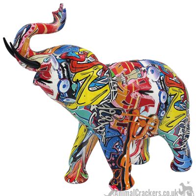 Grande 32 cm Graffiti Art statuetta di ornamento di elefante dai colori vivaci, regalo per gli amanti dell'elefante