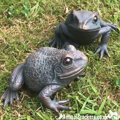 Juego de 2 adornos de rana efecto bronce envejecido, decoración de estanque de jardín peculiar