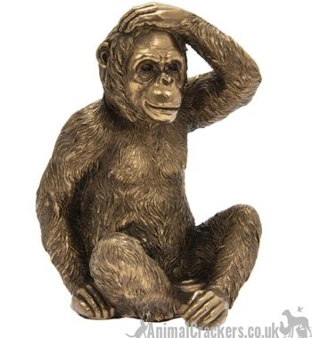 Leonardo Reflections Gorille assis en bronze avec la main sur la tête dans une boîte cadeau dorée de qualité Leonardo