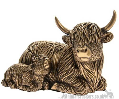 Large 24cm laying Highland Cow Mother & Calf ornament figurine from the Leonardo Reflections Bronzed range