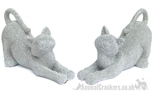 SET OF TWO Glitzy glittery silver diamante stretching Cat ornaments figurines