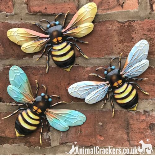 3 x Medium (18cm) Metal Bees Colourful garden decoration novelty wall art Bee lover gift