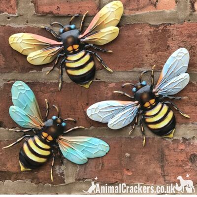 3 x Medium (18cm) Metal Bees Colourful garden decoration novelty wall art Bee lover gift