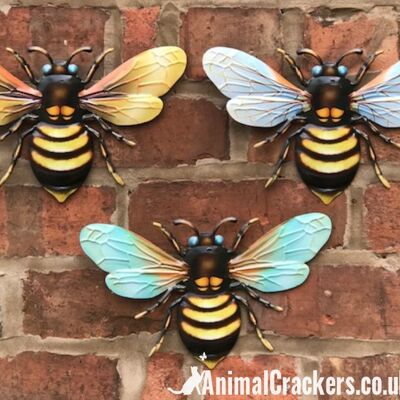 3 x Large (25cm) Metal Bees Colourful garden decoration novelty wall art Bee lover gift