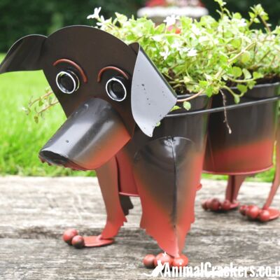 Porta piante/fioriera in metallo a forma di bassotto con doppio vaso, regalo per gli amanti del cane da salsiccia