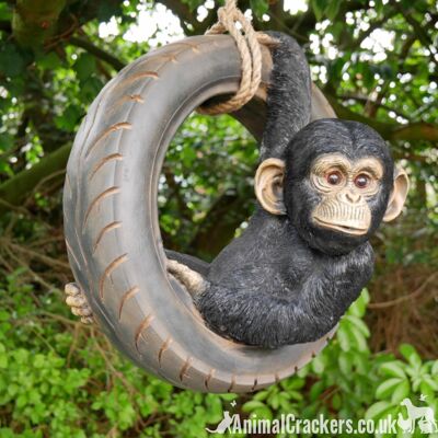 Chimpancé columpiándose en un columpio de cuerda de neumático viejo, decoración de adorno de jardín de árbol novedoso, regalo de amante de mono o simio
