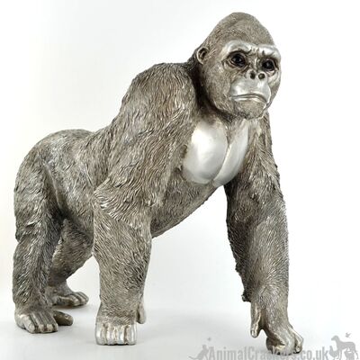 Großes 33 cm großes stehendes Gorilla-Ornament in Silberoptik