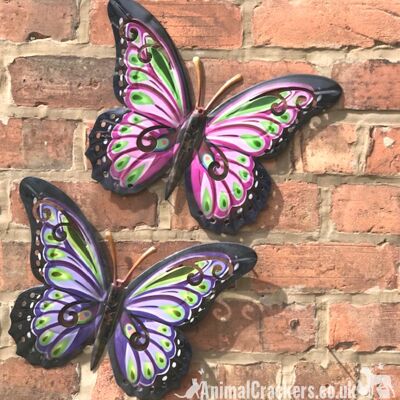 Set di 2 grandi farfalle in metallo da 35 cm, 1 rosa e 1 viola, adorabili decorazioni da parete colorate