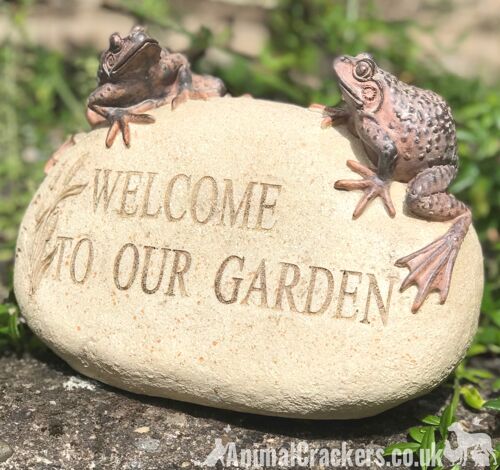 WELCOME TO OUR GARDEN' stone effect garden or pond ornament, Frog lover gift