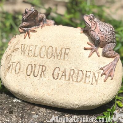 WELCOME TO OUR GARDEN' stone effect garden or pond ornament, Frog lover gift