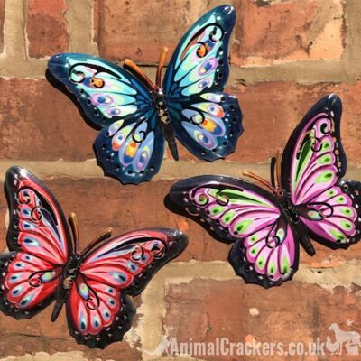 3 farfalle in metallo colorate da 16 cm (rosse, blu e rosa), decorazioni per interni o da giardino