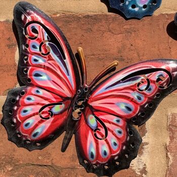 3x 16cm Papillons en Métal colorés (Rouge, Bleu et Rose), décoration d'intérieur ou de jardin 2