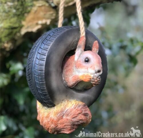 Squirrel climbing through tyre swinging on a rope novelty garden ornament decoration, squirrel lover gift