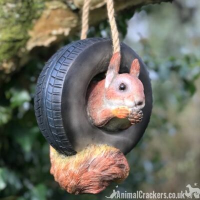 Écureuil grimpant à travers un pneu se balançant sur une décoration d'ornement de jardin de nouveauté de corde, cadeau d'amant d'écureuil