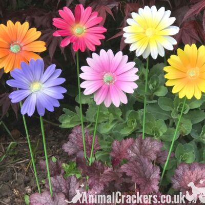 SET of 6 x 58cm bright coloured metal flower garden ornaments