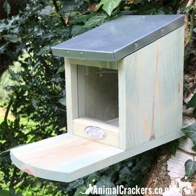 Squirrel feeder in chunky wood with flip top tin roof, robust and easy hang, great squirrel lover gift