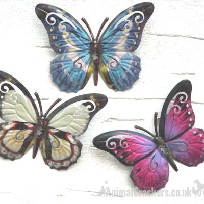 Lot de 3 décorations de jardin papillons en métal de couleur rose bleu blanc 16 cm