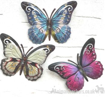 Lot de 3 décorations de jardin papillons en métal de couleur rose bleu blanc 16 cm 1
