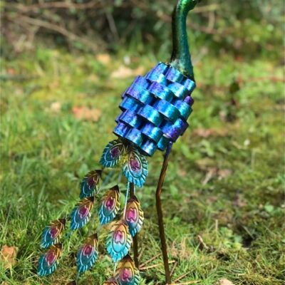 Maxine Peacock garden ornament sculpture, bright shiny colourful painted metal glossy with finish