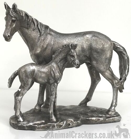 Aged silver effect Mare & Foal ornament figure sculpture statue horse lover gift