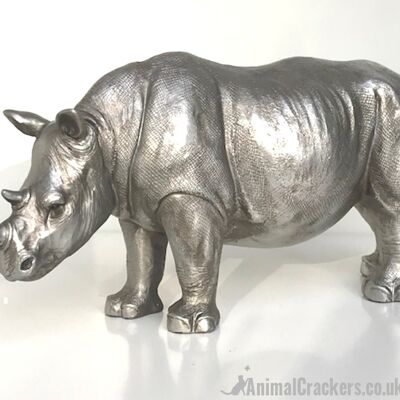 26cm Rhino ornament, heavy antique silver effect, great safari animal-lover gift