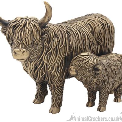 Grande figurine d'ornement (26 cm) Highland Cow Mother & Calf de la gamme Leonardo Bronzed Reflections, coffret cadeau