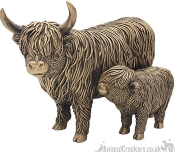 Grande figurine d'ornement (26 cm) Highland Cow Mother & Calf de la gamme Leonardo Bronzed Reflections, coffret cadeau