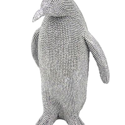 Ornamento di pinguino argento scintillante da 21 cm in posa giocosa, adorabile statuetta di diamante scintillante decorazione festiva