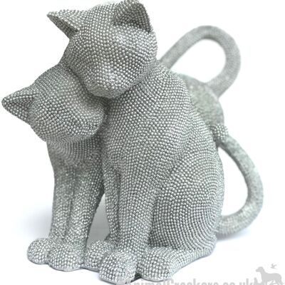 Luccicante argento scintillante effetto diamante Due gatti ornamento statuina scultura