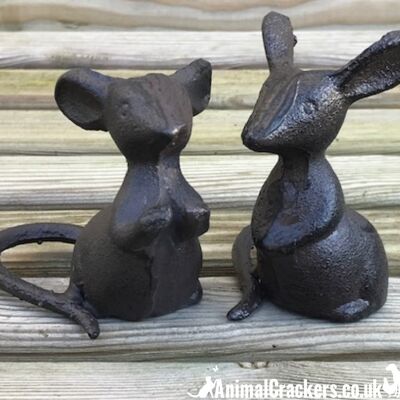 Juego de 2 ratones de hierro fundido macizo pesado, adornos de interior o decoraciones de jardín, gran regalo para los amantes de los ratones.