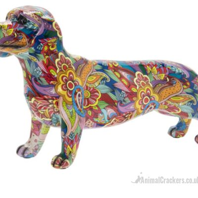 Große 40 cm große GROOVY ART bunte Dackel-Ornamentfigur, Wurst, Hundeliebhabergeschenk