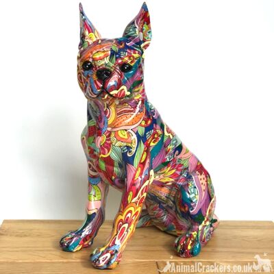 Large 32cm GROOVY ART colourful Boston Terrier French Bulldog style ornament figurine Dog lover gift